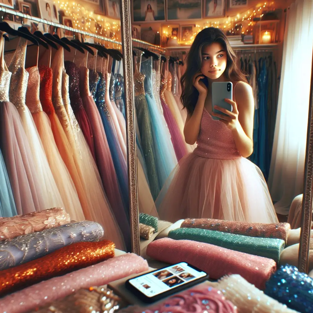 A young woman in a pink prom dress poses in grace as she gazes at her reflection in a mirror. Around her, rows of delicately arranged prom dresses in shades of blue, black, and red-all elegant in display-decorate the shop. This scene shows some of the variety waiting for them at local prom shops for this prom season.